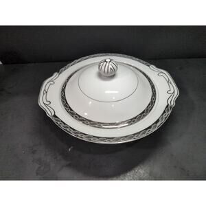 Fukagawa Arita MCM Vegetable Bowl with Lid, Silver Hand-Painted Japan Fern